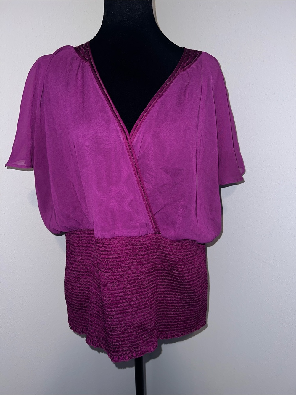 White House Black Market Purple Wrap-Front Blouse with Smocked Waist